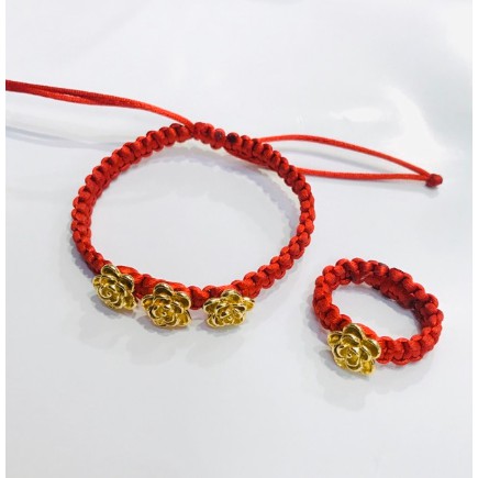 Satu set gelang dan cincin wanita / gelang rajut bunga lapis emas / replika emas / gelang