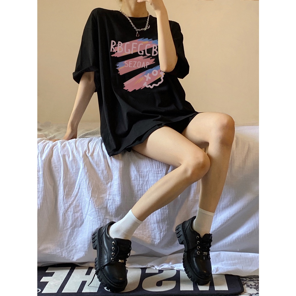 baju atasan wanita korean style letters graphic printing kaos import oversize hitam t shirt