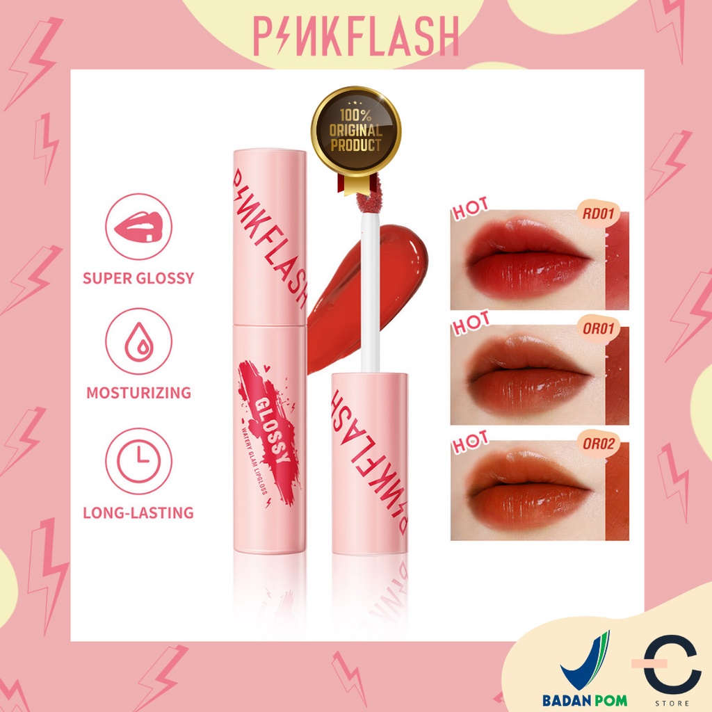 [ORI BPOM] PINKFLASH Watery Glam Lip Gloss Lipstick Super Glossy Shiny Moisturizing Non Sticky Long Lasting | Lipgloss | Lip Stain | Super Glossy | Pink Flash | PF-L09