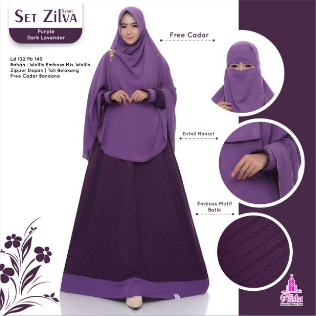 Set Gamis+Jilbab+Cadar Bahan Wolfis Emboss (1 Set=Gamis+Jilbab+Cadar)