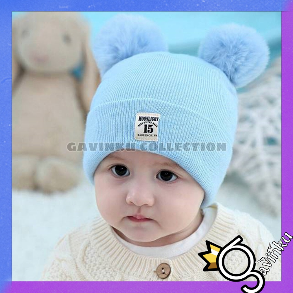 Topi Anak Laki Laki Perempuan Kupluk Bayi Model Pompom Moonlight 15 Usia 0 3 6 bulan umur 1 2 3 Tahun thn Motif Kucing Kelinci Karakter Lucu Rajut Musim Dingin