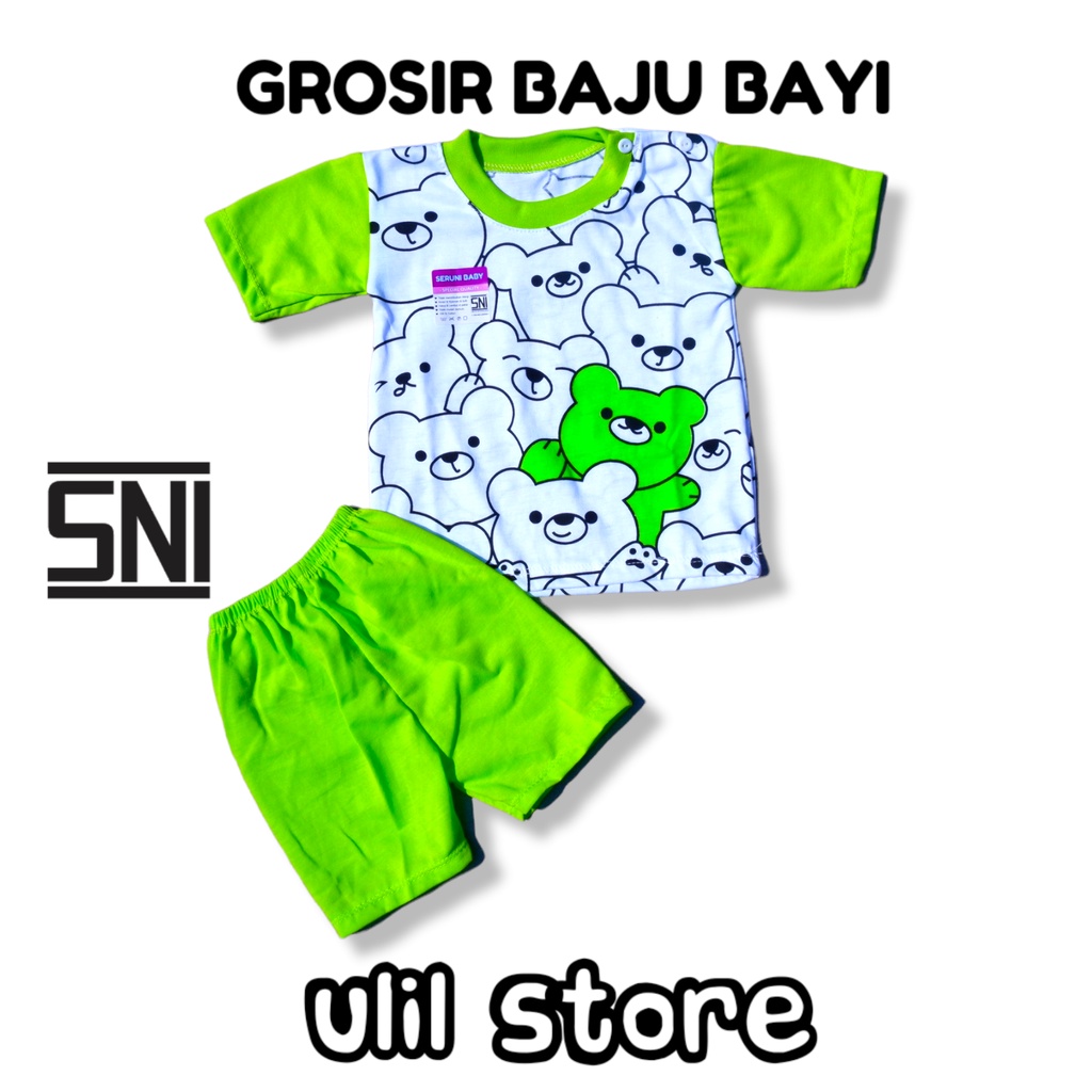 Setelan Baju Pendek SNI Seruni Baby Baju Bayi Kancing Pundak Usia 3-15 Bulan Motif Doodle Bear