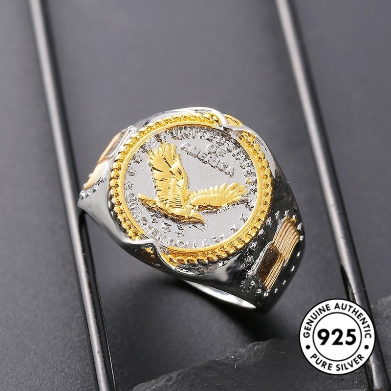 Cincin Desain Elang Lapis Emas Bahan S925 Silver Untuk Pria