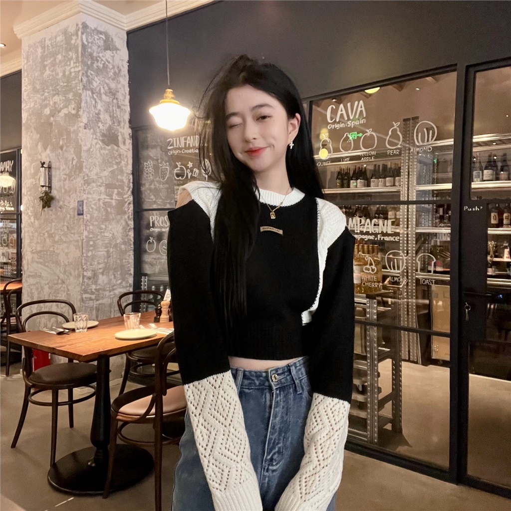 Red Sweater Musim Semi Baju Musim Semi Keren Keren Sweater Musim Semi Baru pukulan off-shoulder terasa rajut kecil wanita top