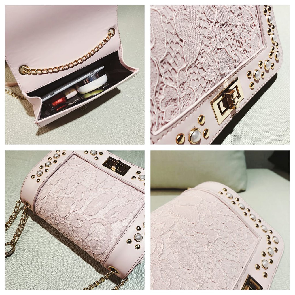 TAS SELEMPANG PESTA PINK MUTIARA QUERRE TA111P3 RANTAI KULIT RENDA IMPORT BRANDED KOREA WANITA ABG