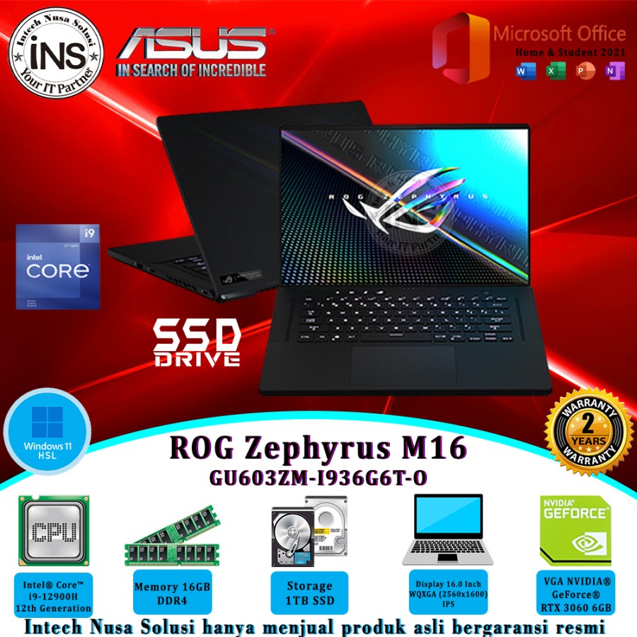 ASUS ROG Zephyrus M16 GU603ZM i9-12900H 16GB 1TB SSD VGA WIN11HSL OHS 21 2YR