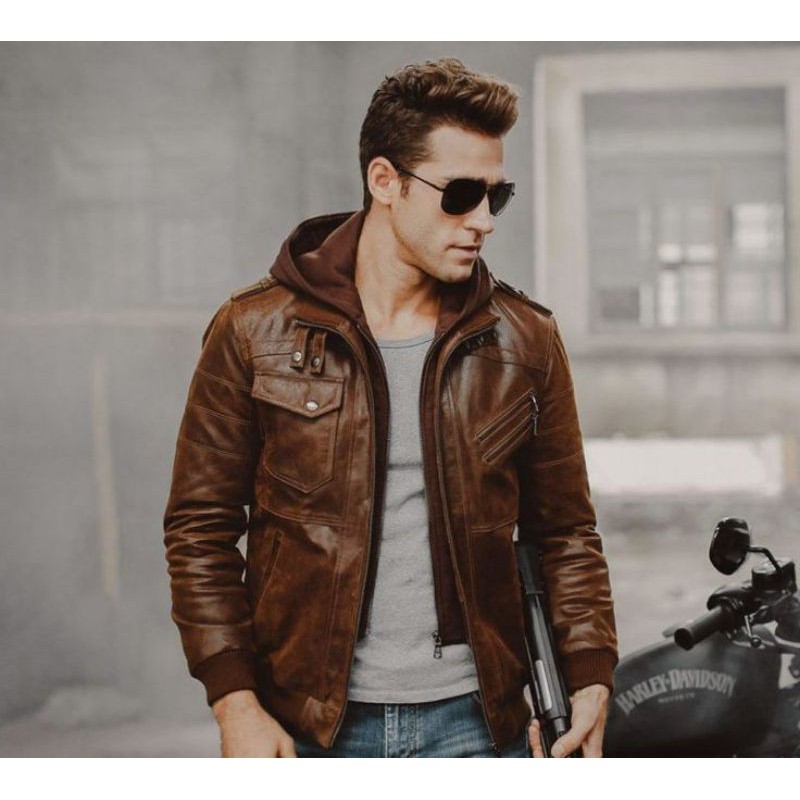 jaket kulit hoodie pria asli domba spinil super premium