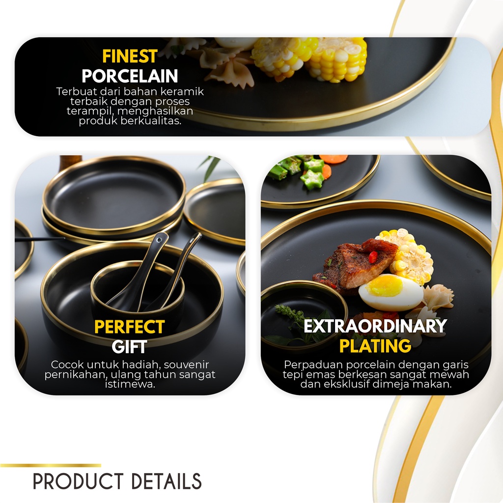 [SATUAN] BLACK - Piring Mangkok Makan Keramik Pinggiran Emas Cantik Ceramic Mewah Western Steak Gold Rim Plate