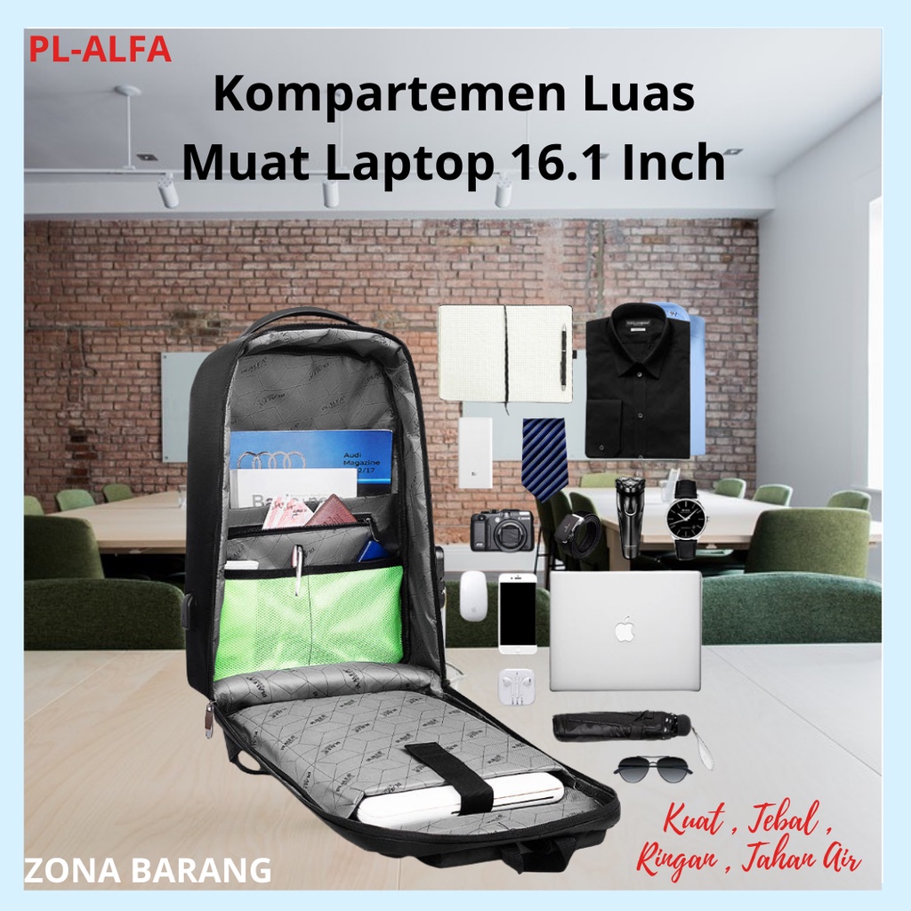 ORIGINAL PL-ALFA Bag Tas Laptop Ransel Anti Theft import Eksklusif Backpack dengan USB Charging