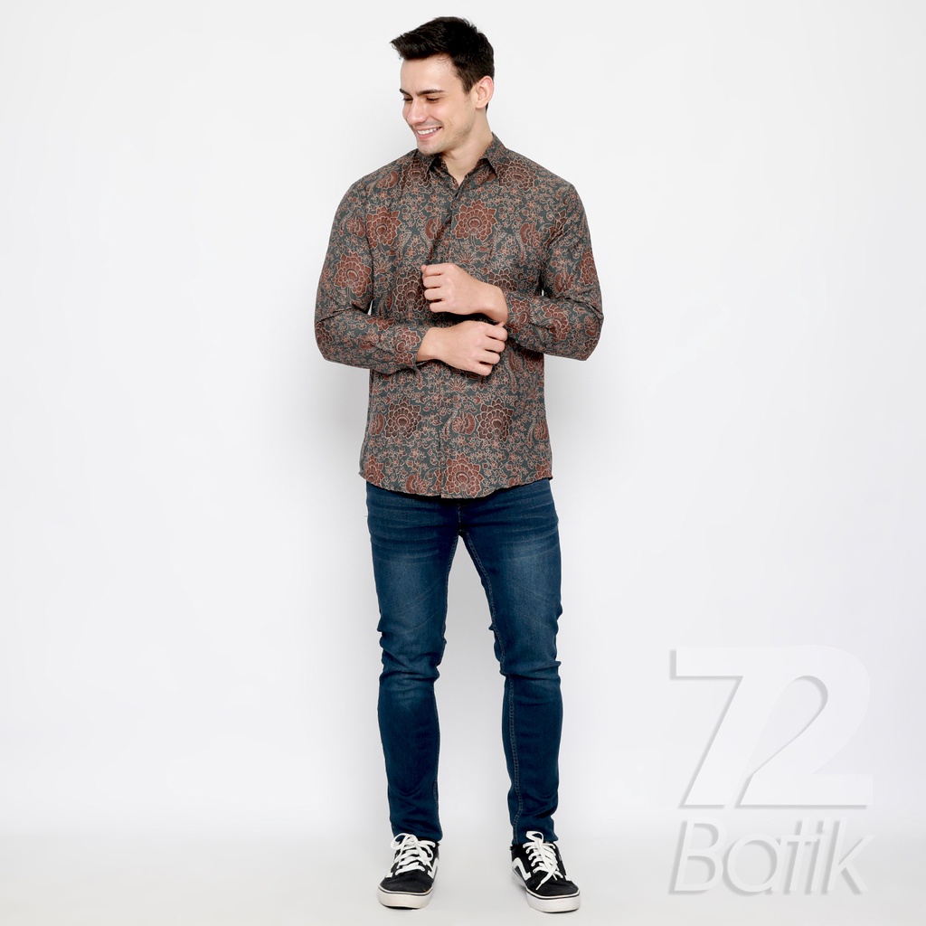 KEMEJA BATIK PRIA Dobby Lengan Panjang Slimfit Premium Warna Abu Grey Coklat 727284 Cap 72 - Baju Kemeja Atasan Pakaian Setelan Batik Pria Cowok Laki Laki Remaja Keluarga Kantor Lengan Panjang Modern Slimfit Slim Fit Premium Kekinian