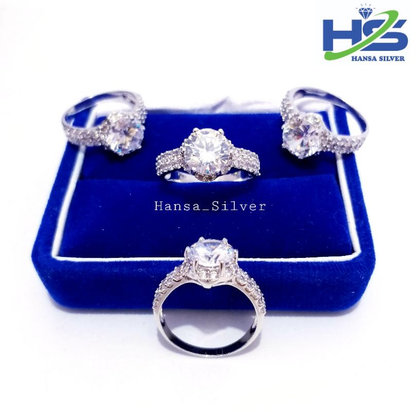 Cincin Perak Asli Silver 925 Lapis Emas Putih Permata Zircon Batu Putih - Cincin Wanita Anti Karat