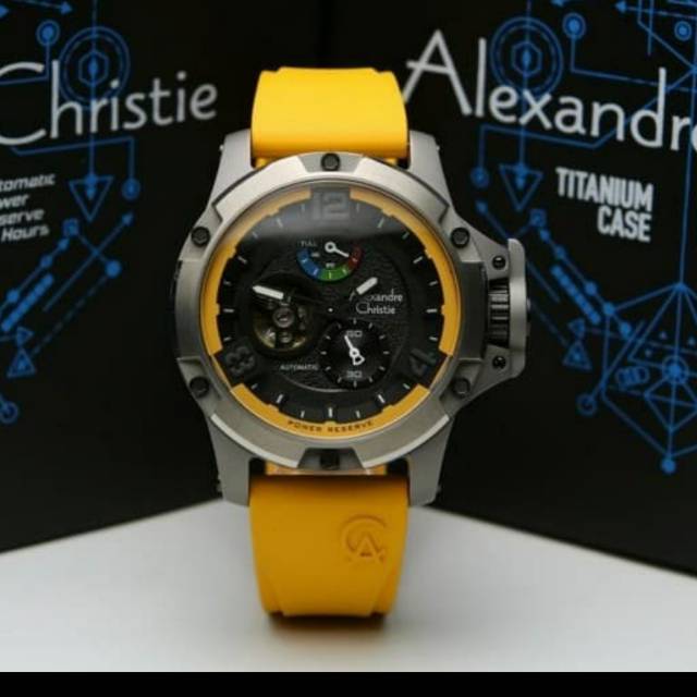 Jam tangan Alexandre Christie AC 6295 autometic limited edition rubber yellow pria original