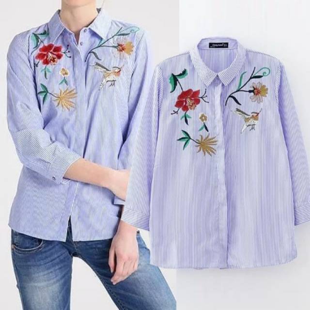 kemeja wanita tangan panjang biru garis bordir Mix flower embroidered stripe