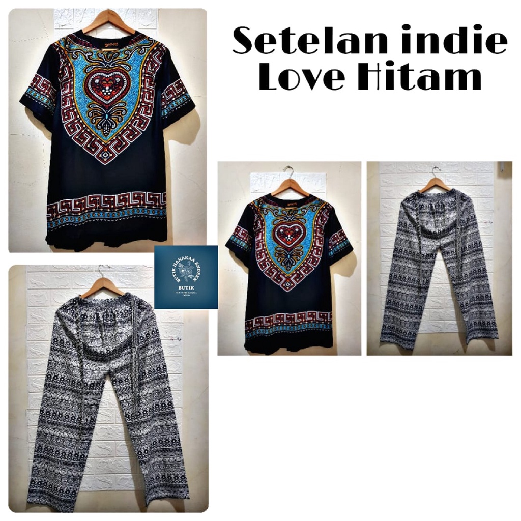 Set/Setelan Baju dan Celana Etnik Love Hitam Pria/Wanita (Unisex)