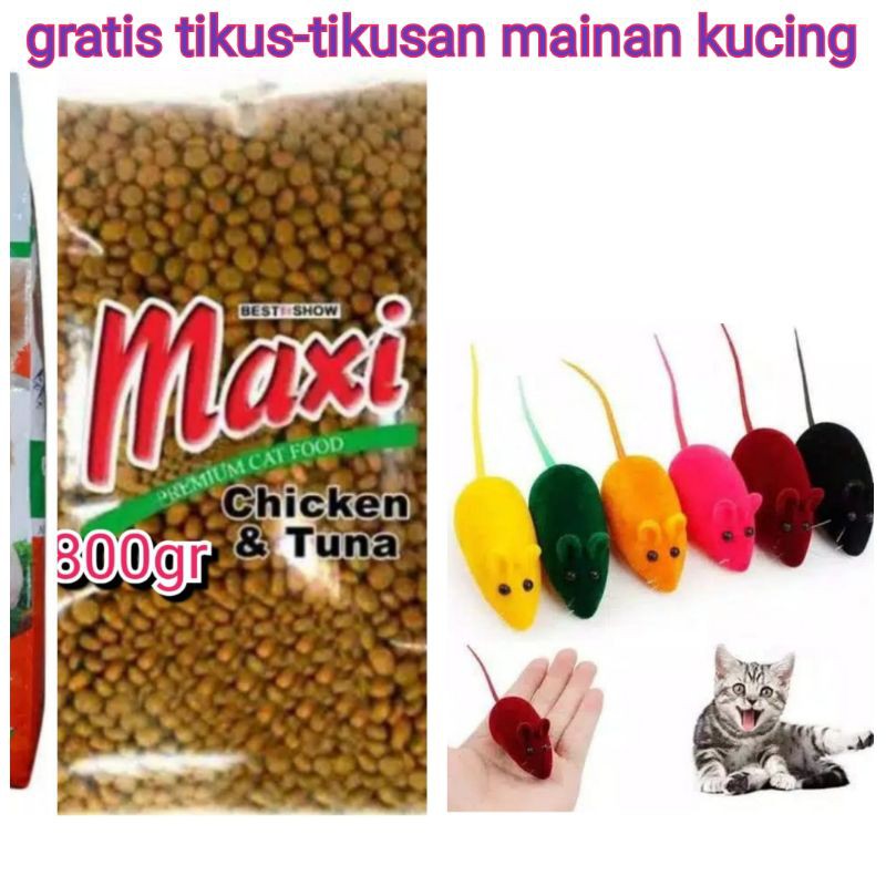 Maxi Makanan Kucing Repack 800g Gratis Tikus-tikusan Mainan Kucing paket makanan murah