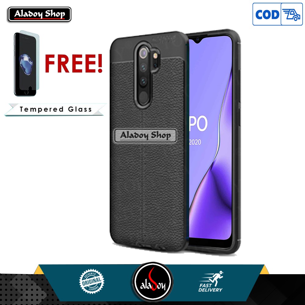 PAKET Case Autofocus Leather Free Tempered Glass Pelindung Layar Oppo A5 2020 / A9 2020