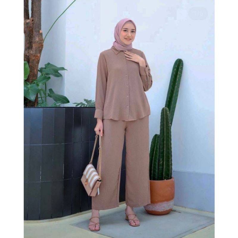 ONE SET SETELAN CRINKLE AIRFLOW IMPORT PREMIUM KEMEJA POLOS BEST SELLER LD 120 PIYAMA  WANITA JUMBO LENGAN PANJANG TERLARIS