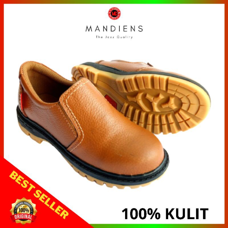 MANDIENS - Sepatu Safety Pria Kulit Asli Ujung Besi Boyken KR.10 Model Slip On  Safety Shoes Warana Hitam Cokelat Untuk Kerja Proyek  Kitchen