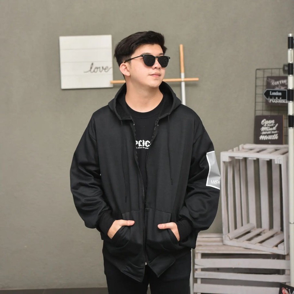 UmarDenim Zipper Hoodie Lucky Five Hitam Oversize