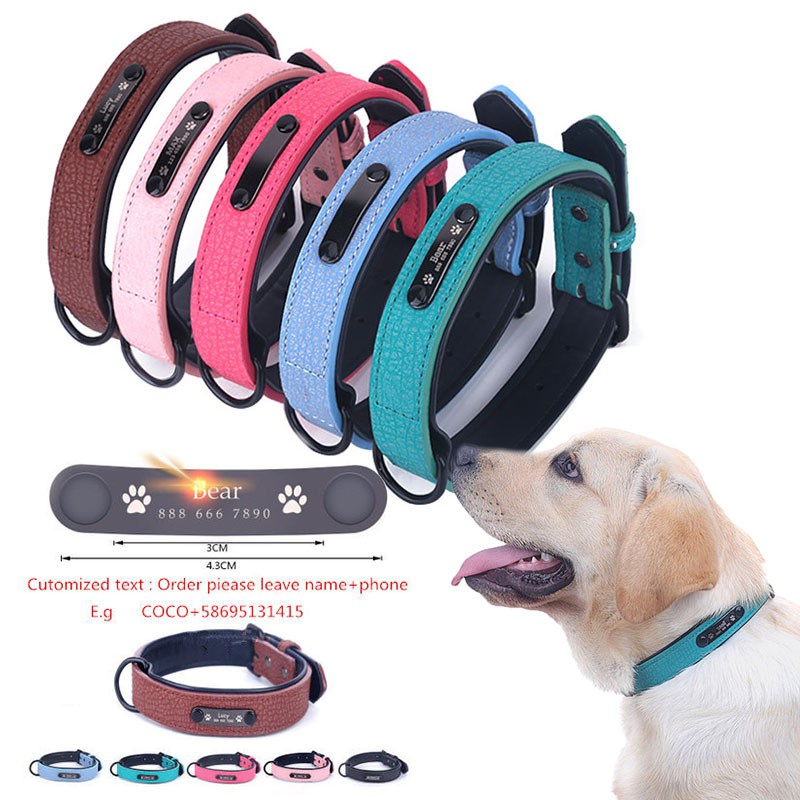 Personalized Dog Collars Adjustable Soft Leather Custom Dog Collar ID Tag Untuk Anak Anjing Kucing Anjing Besar Kerah