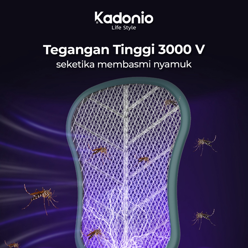 KADONIO Raket Nyamuk Listrik 2in1 Mosquito Swatter Lampu Nyamuk Elektrik Perangkap Nyamuk Lampu Ungu 1200mAh Usb Cas