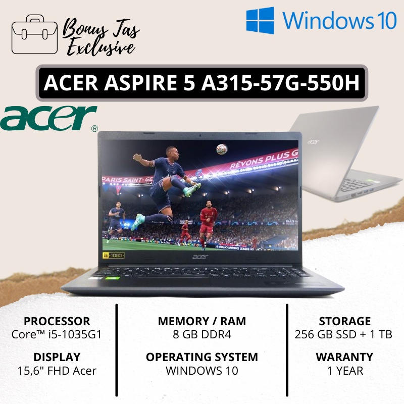 LAPTOP GAMING TERBARU ACER ASPIRE 3 A315-57G-550H [CORE I5-1035G1 / 8 GB DDR4 / SSD 256 GB + HDD 1 TB (COMBO STORAGE) / VGA NVIDIA GEFROCE MX330 2 GB / 15.6&quot; FHD / BONUS INSTALL WINDOWS 10 + OFFICE &amp; TAS LAPTOP EXCLUSIVE] - TEKNO KITA