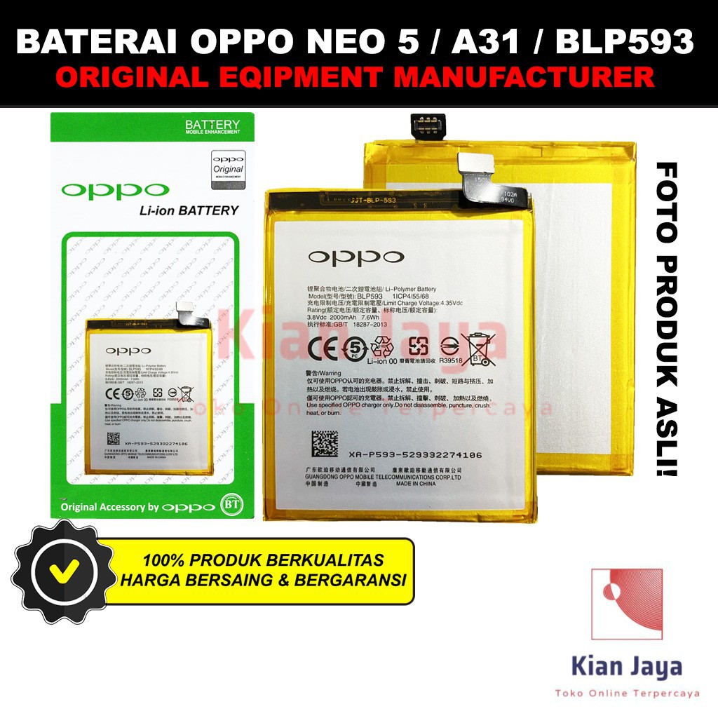 Baterai Oppoo Neo 5 / A31 / R1201 / BLP593 Original OEM Batre Batrai Battery Hp BLP 593 Ori