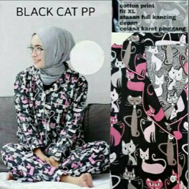 Pajamas Catty Black PP Premium / Piyama wanita PP kekinian