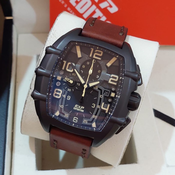 JAM TANGAN PRIA EXPEDITION 6822 E6822 BLACK BROWN LEATHER ORIGINAL