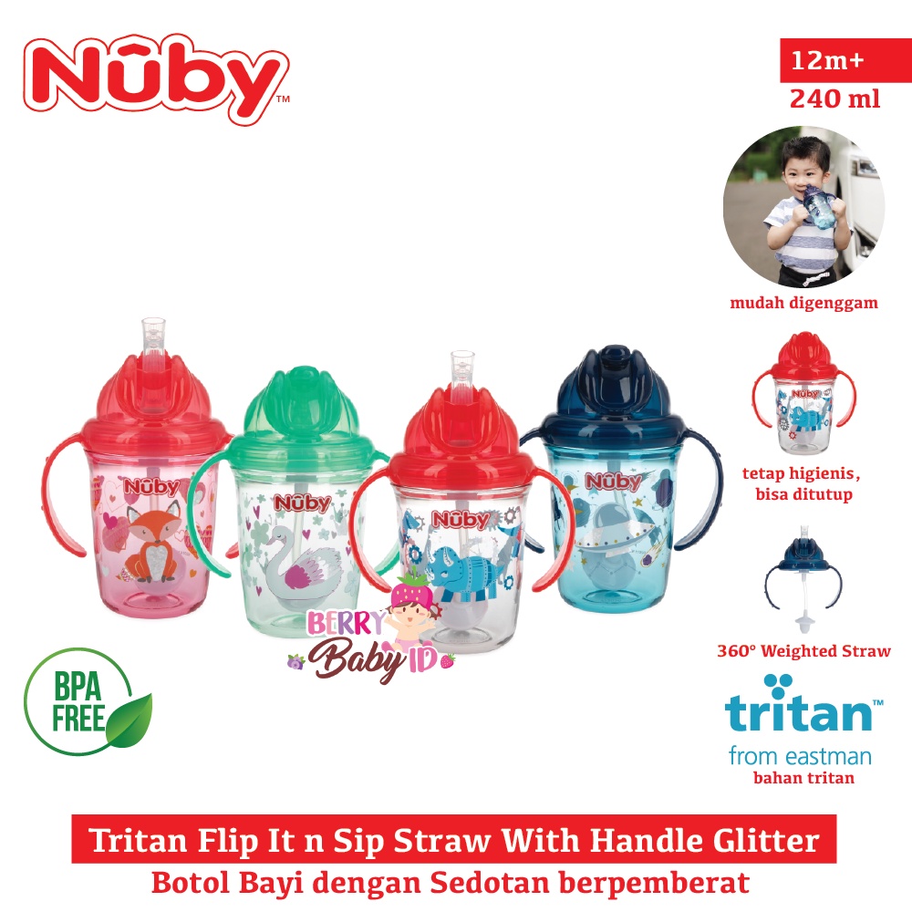 Nuby Tritan Flip It Straw With Handle Glitter Botol Training Cup Bayi Botol Sedotan Bayi Anak BPA Free Berry Mart