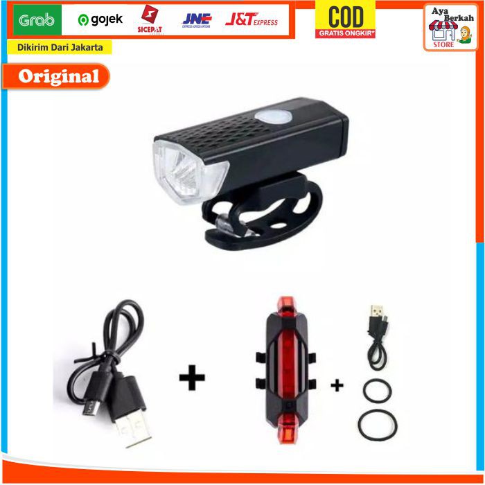 Paket 2in1 Lampu Sepeda LED Light Depan dan Belakang Rechargeable Charger Waterproof Murah JAKARTA