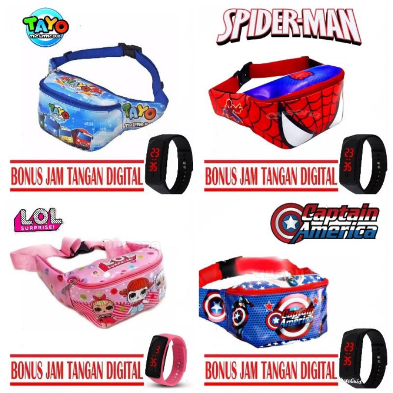Tas selempang anak motif superhero lol gratis jam led