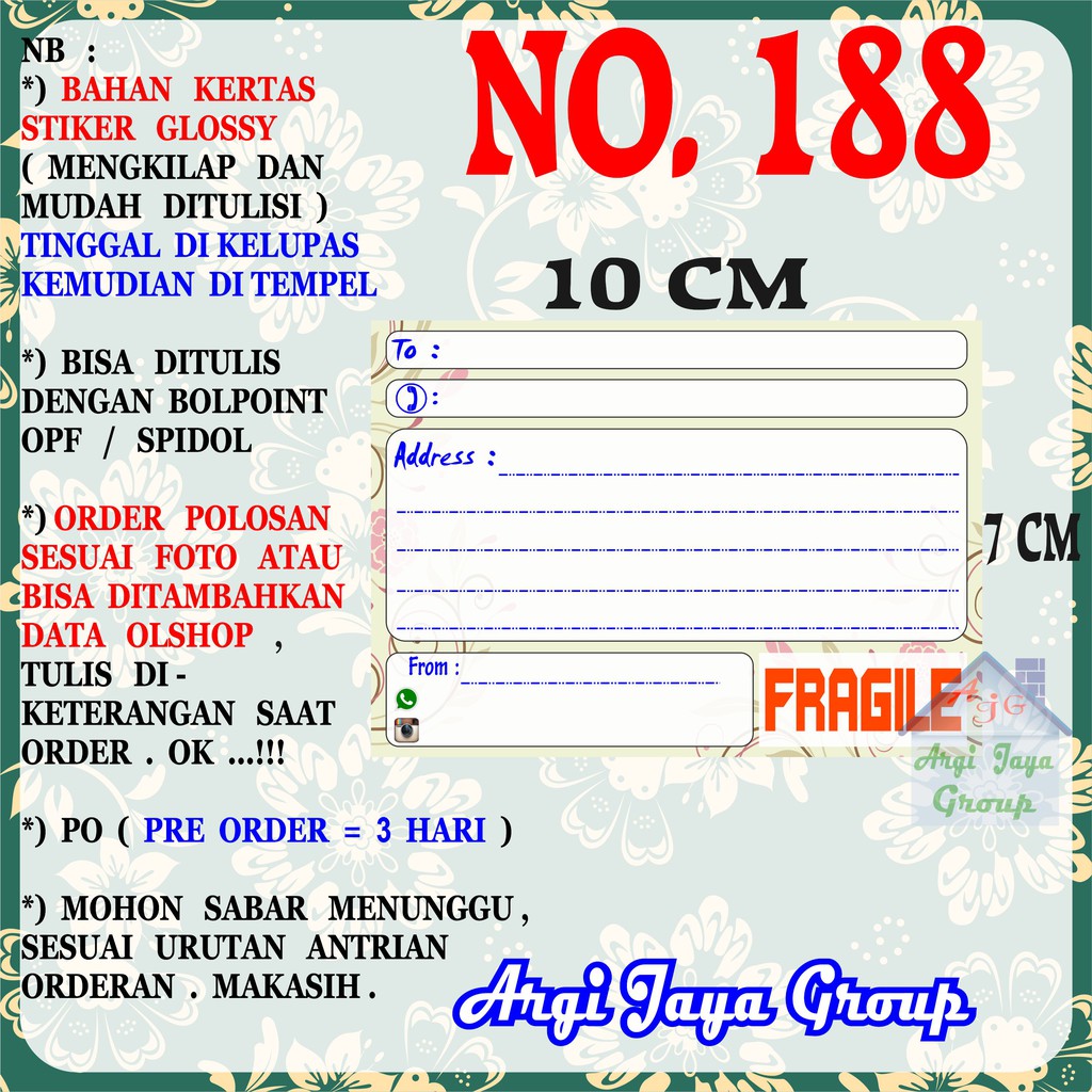 

Stiker Pengiriman - Sticker Alamat Olshop Murah Nomer 188 - 10x7 cm - Glossy