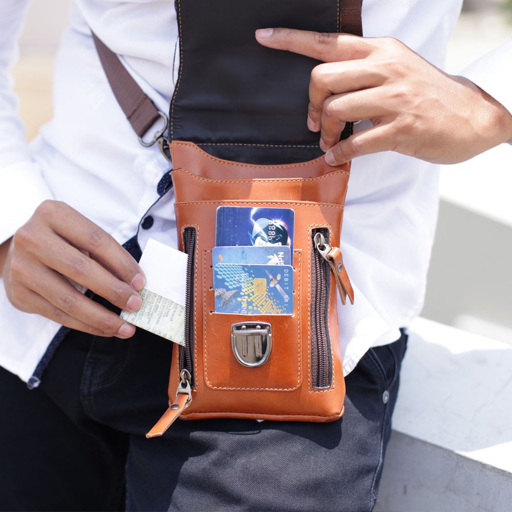 Tas Cowok Selempang Sling Bag Multifungsi Bahan Kulit Sapi Asli Merk QI LEATHER P054