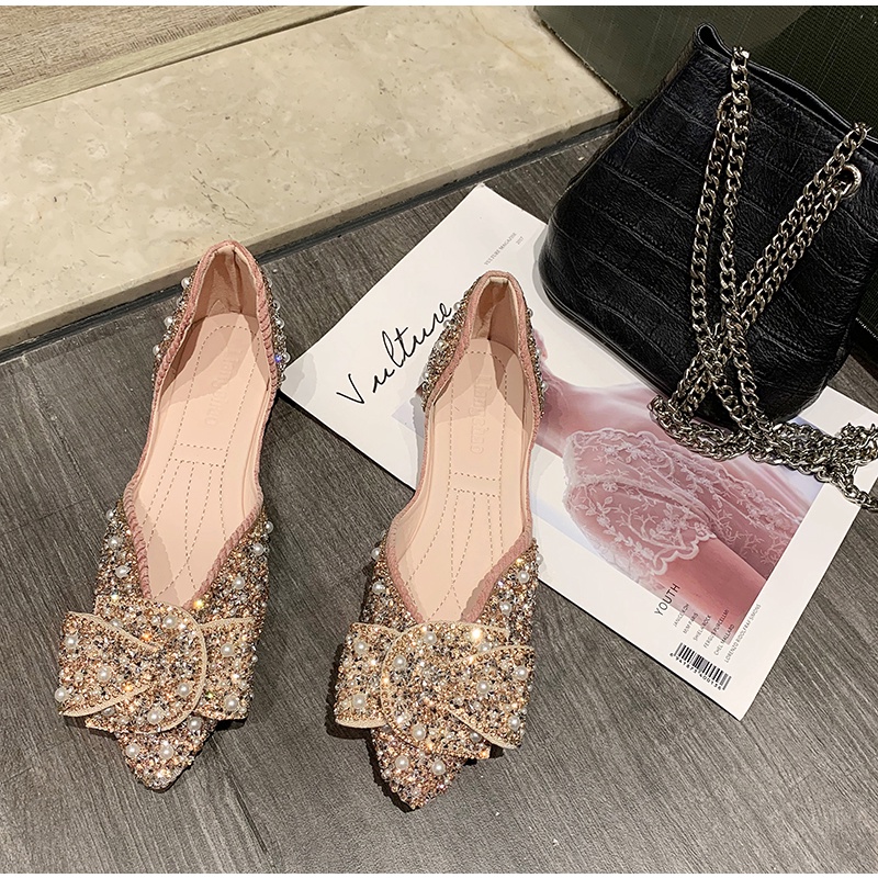 Sepatu Flat Shoes Wanita Import Pointed Toe Flats Balet Balerina Mutiara Kristal Sol Karet Murah Hitam Black Pink Gaya Korea - Ukuran 35 36 37 38 39 40