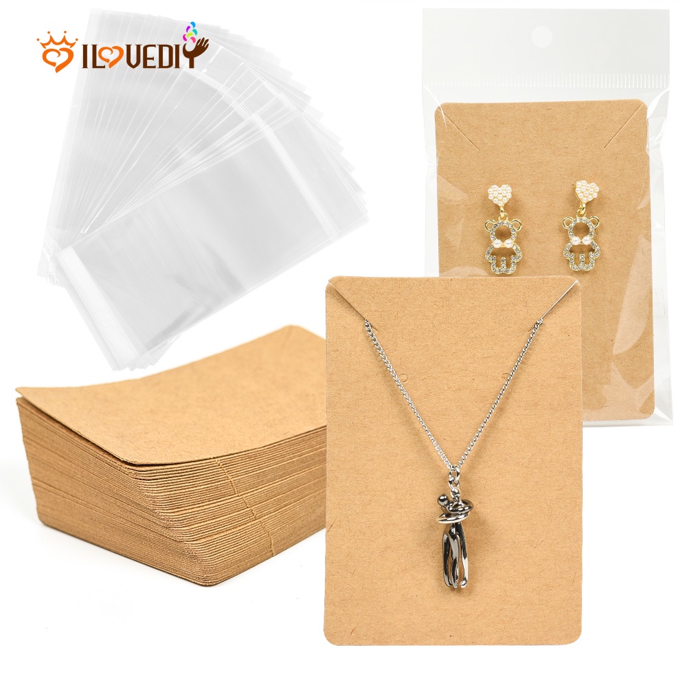 50 Pcs Tas Holder Display Perhiasan Kalung Anting Bahan Kertas Kraft Dengan Perekat