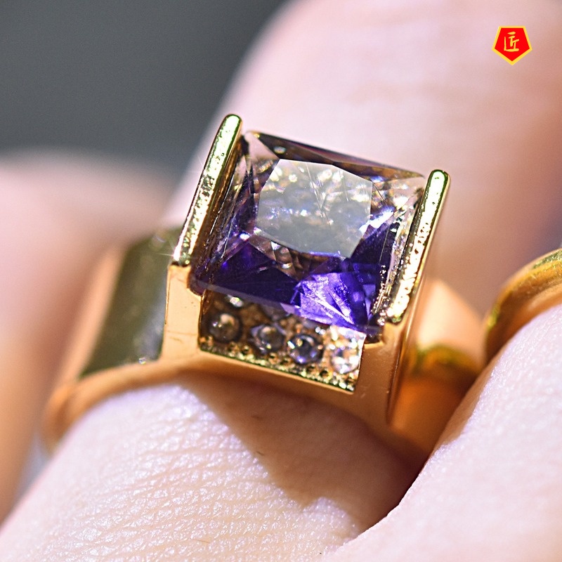 [Ready Stock]Creative Gold Inlaid Purple Crystal Square Diamond Ring