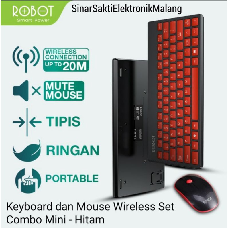 Robot Keyboard dan Mouse Wireless Set Combo Mini Hitam Silent Click