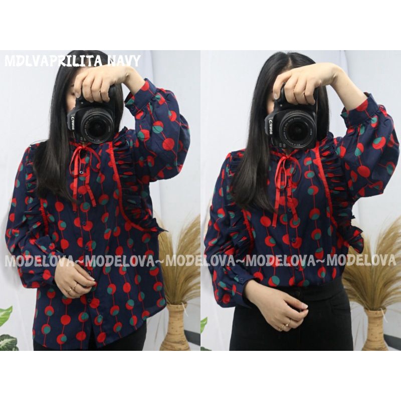 MDLV ~ 2689 Aprilita Pleated Shirt Blouse wanita Blouse Premium Blouse Import Blouse Chiffon Blouse Polkadot Kemeja Fashion Kemeja Import Kemeja Premium Kemeja Polkadot Fashion Import