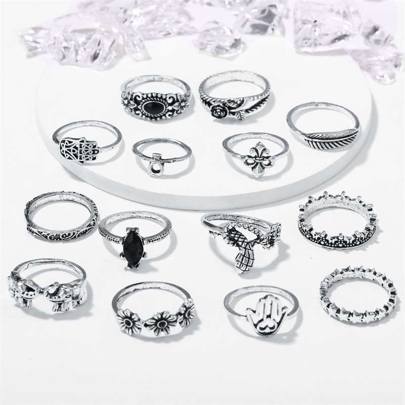 14pcs / Set Cincin Silver Antik Desain Bulan Bintang Gajah Ular Palm Hitam Untuk Wanita