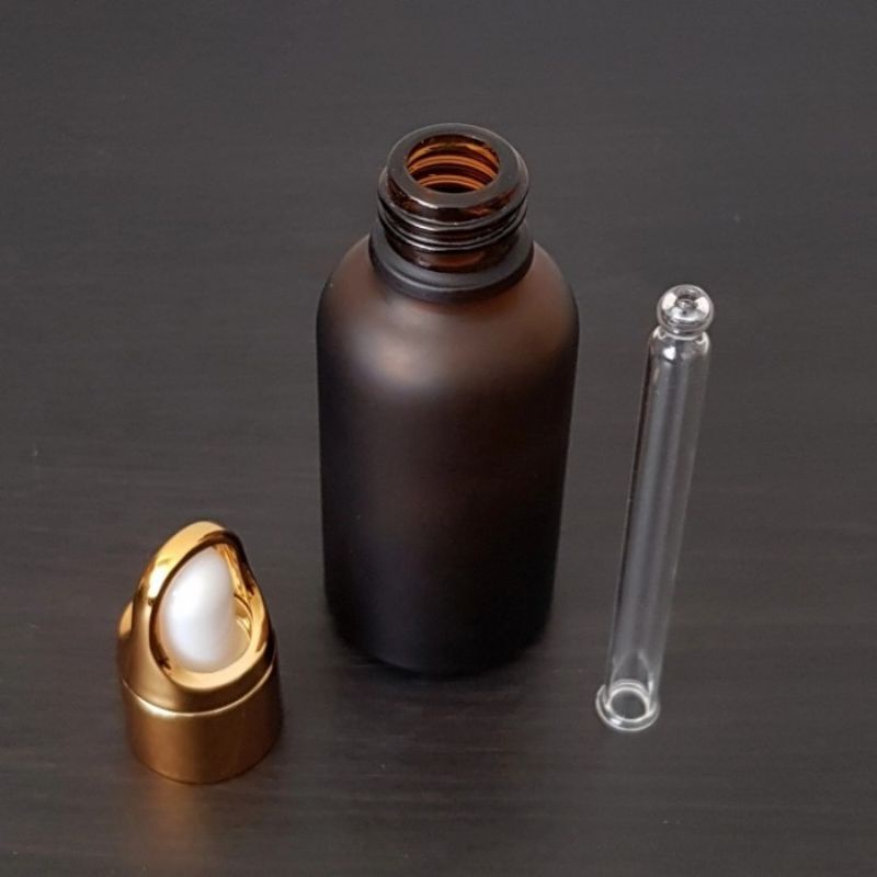 botol kaca pipet 30ml amber coklat frosted ring gold