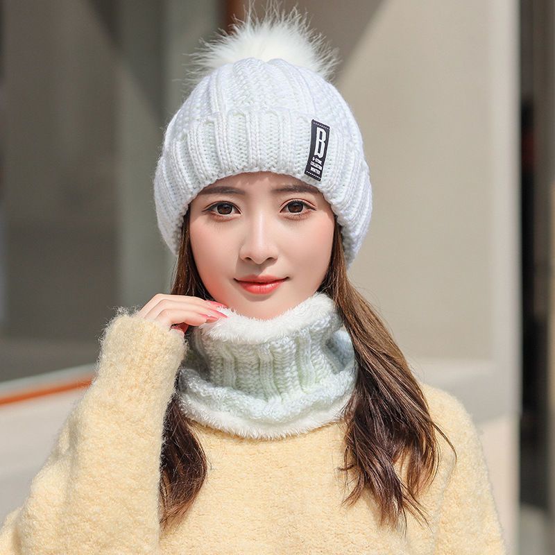 Winter Knitted Beanie Pompom Scarf Set Woman Fur Inside / Topi Kupluk + Syal