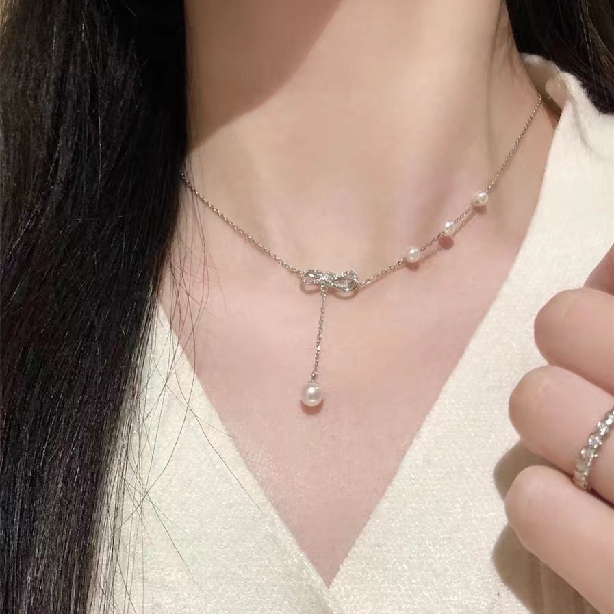 Kalung Mutiara Zircon Bentuk Pita Gaya Korea