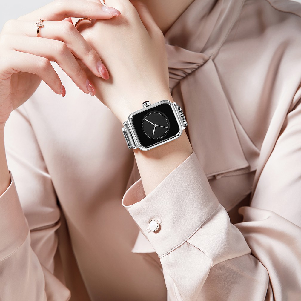 REBIRTH Jam Tangan Wanita Mode Square Dial Santai Display Kuarsa Tali Jala Tahan Air Jam Tangan Cewek-7