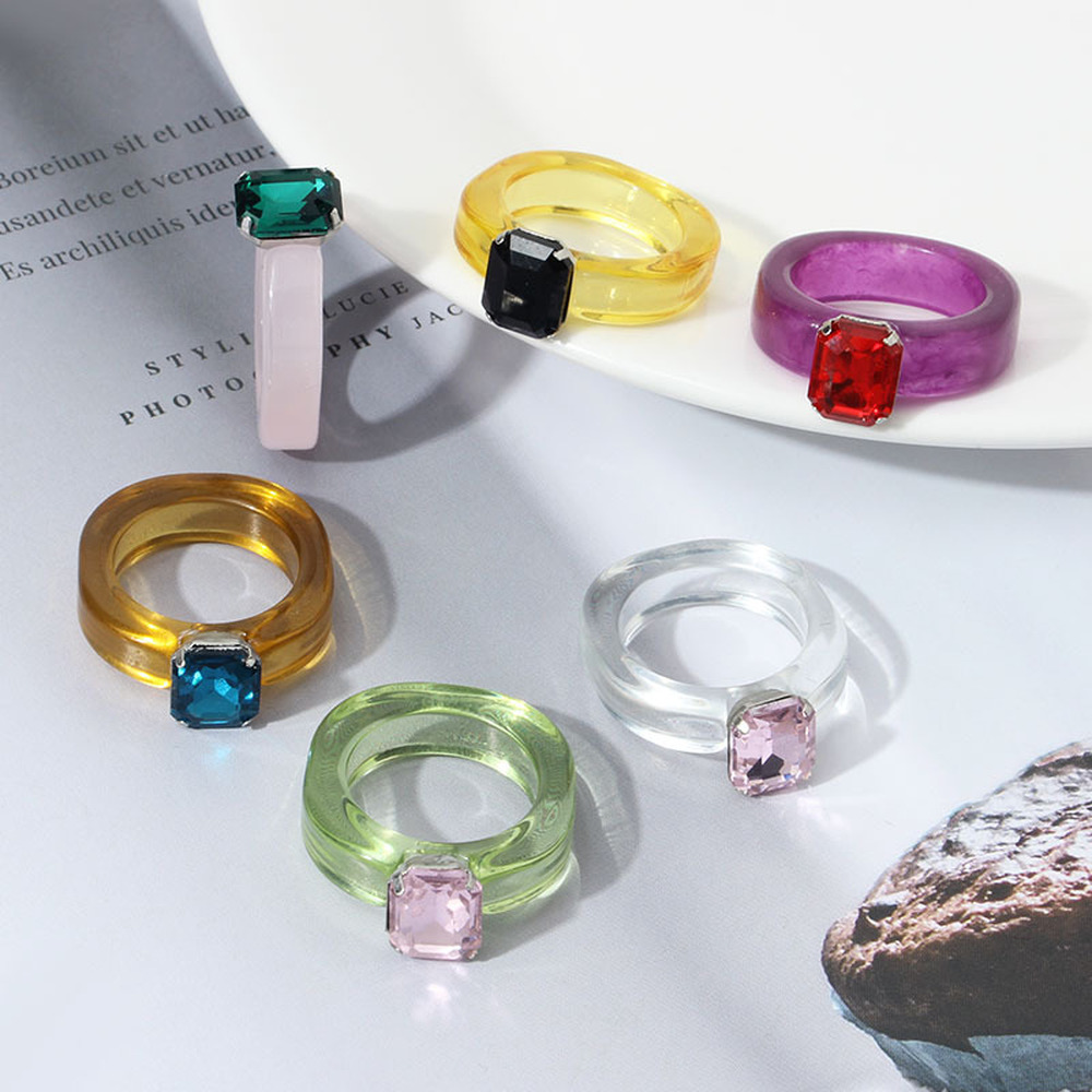 Cincin Jari Telunjuk 17 Gaya Bahan Resin Akrilik Transparan Hias Berlian Macaron