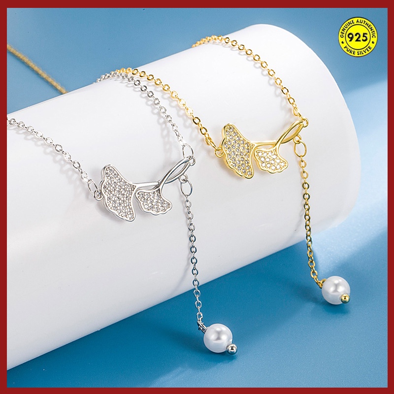 Kalung Rantai Emas 18K Dengan Liontin Daun Ginkgo + Mutiara Untuk Wanita