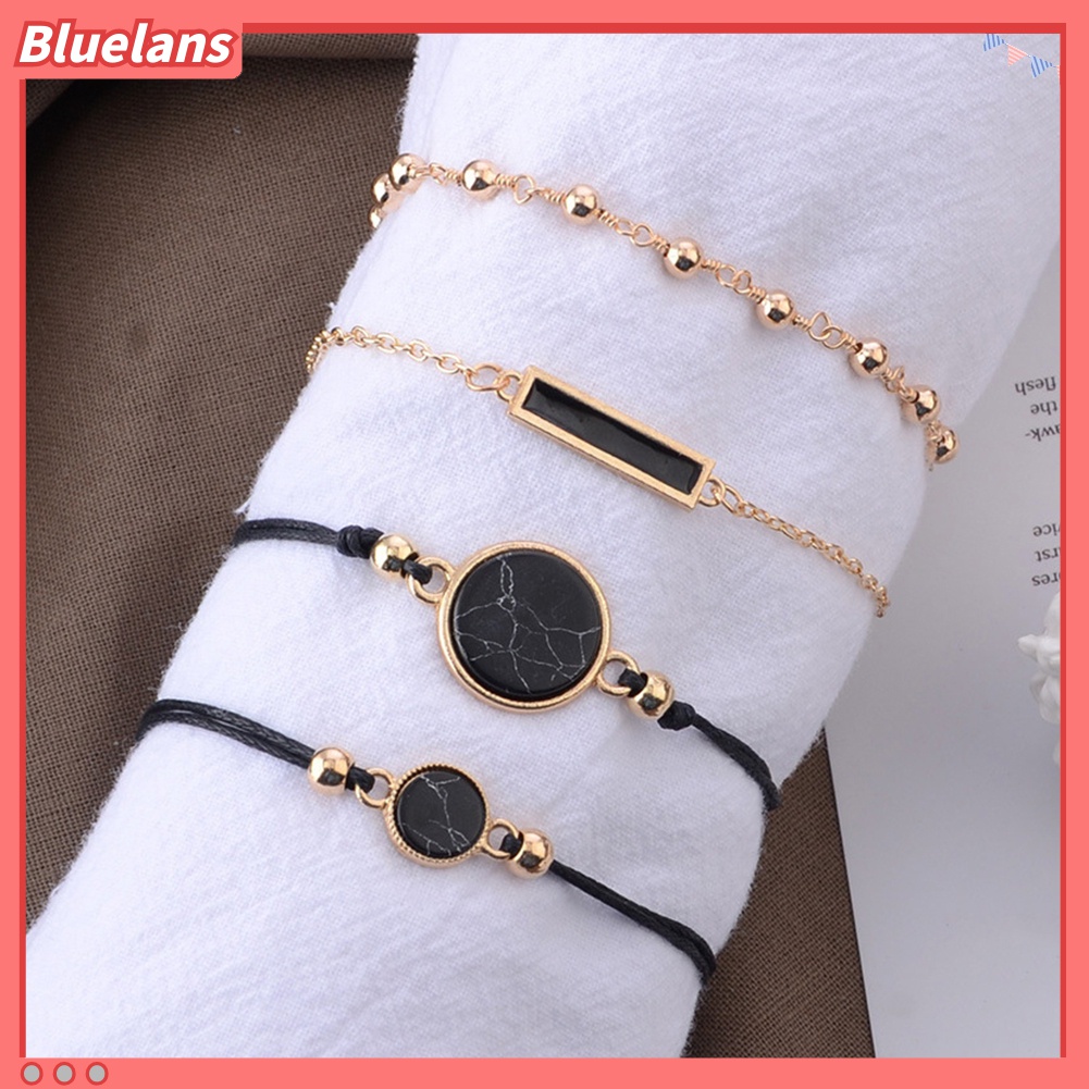 4pcs / Set Gelang Tali Rantai Hias Batu Bulat Gaya Bohemian Untuk Wanita