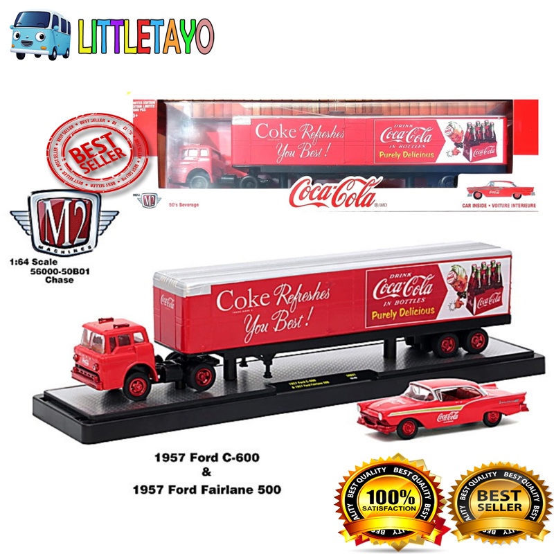 M2 MACHINES COCA COLA 1957 FORD C-600 & 1957 FORD FAIRLANE 500 - AUTO HAULER TRANSPORT TRUCK RIG CON