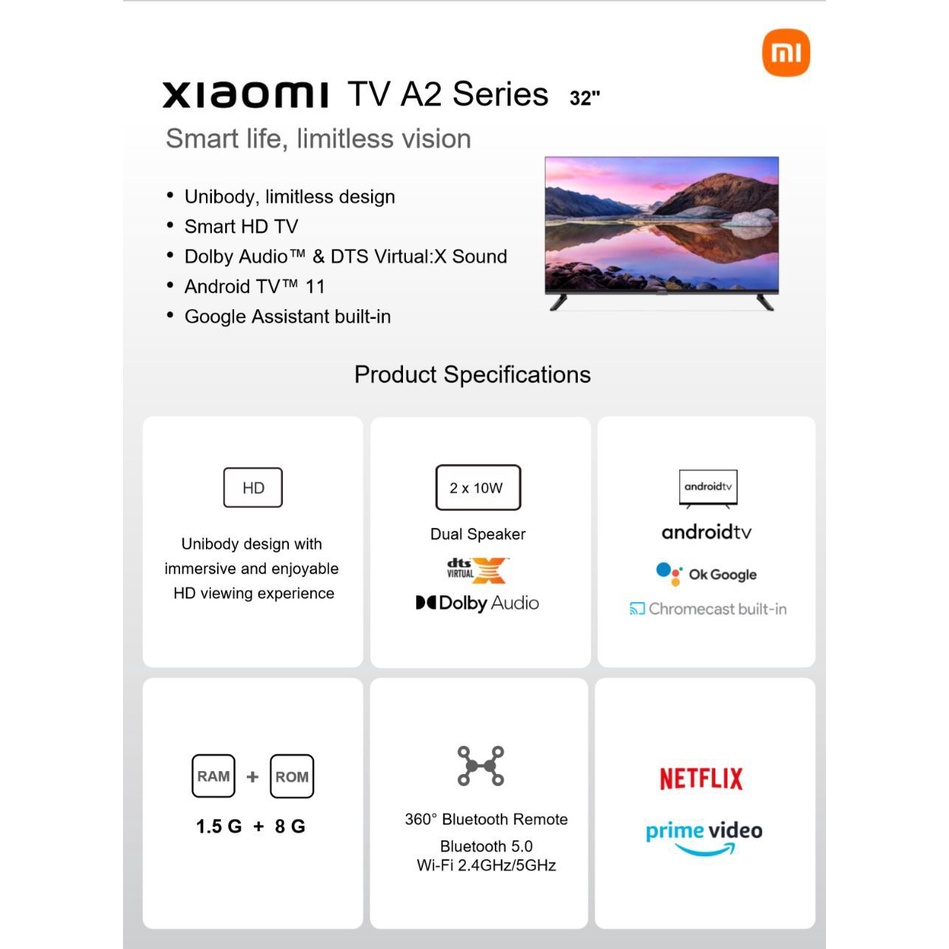 Xiaomi Mi TV A2 32&quot; Inch Smart HD Dolby Audio Android TV Garansi Resmi 1 Tahun - Support TV Digital