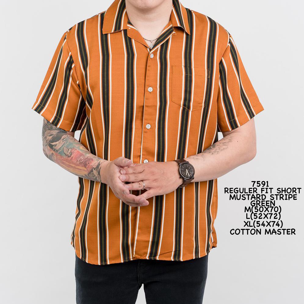 Credomenstore 7415 Kemeja Pria Lengan Pendek Kuning Hitam Stripes Salur Lte